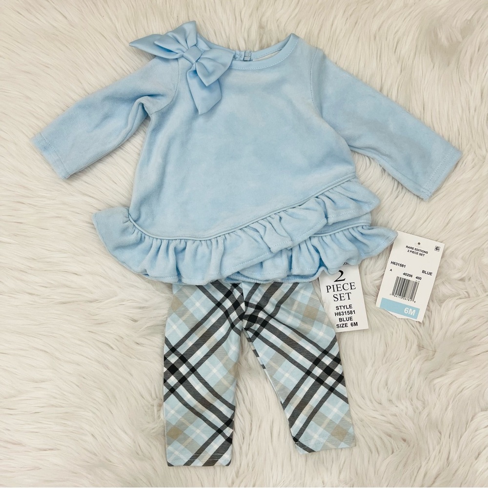 NWT!! Rare Editions Two Piece Set Velvet Asymmetrical Top Plaid Pants Sz 6months